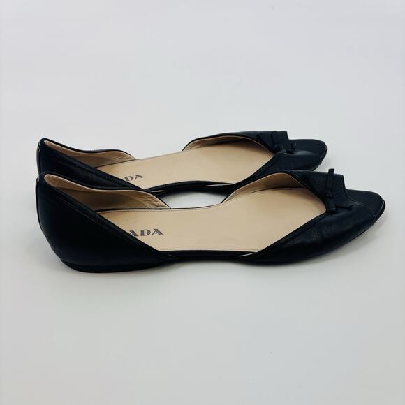 Prada Leather D'orsay Flats Slip On Open Toe Shoes Black Size 39.5 /US 9 Women - Picture 6 of 8